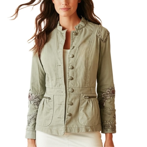 PRINCY By JESSICA SIMPSON Jacket Small Light Olive Floral Embroidery 100% Cotton - Picture 1 of 9